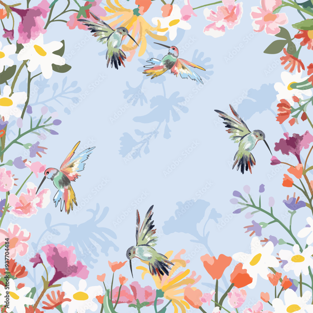 Beautiful humming bird in floral frame Beautiful humming bird in floral frame