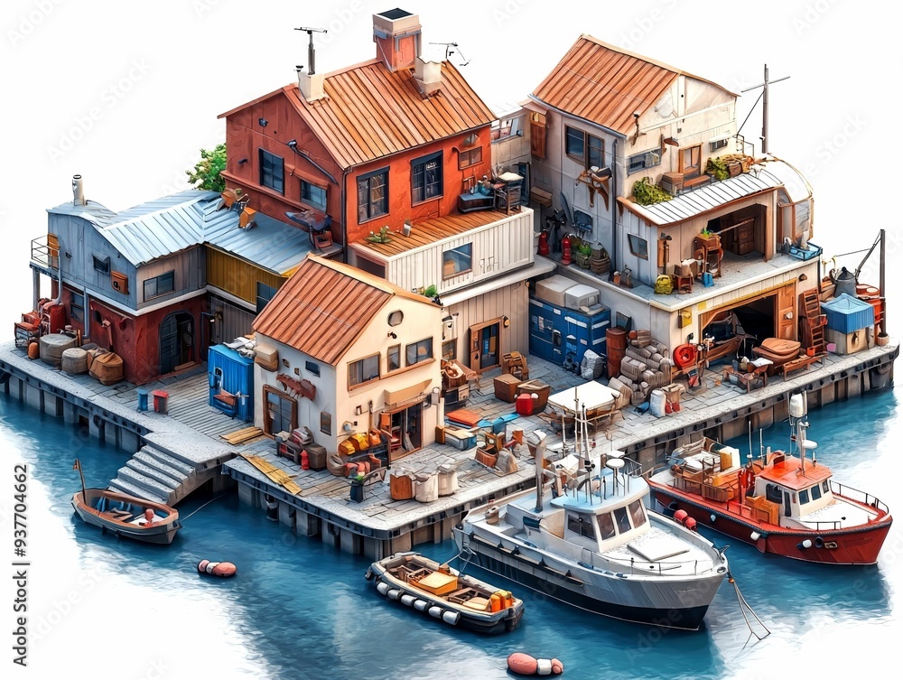 Obraz premium A quaint waterfront with docked boats and several colorful buildings.