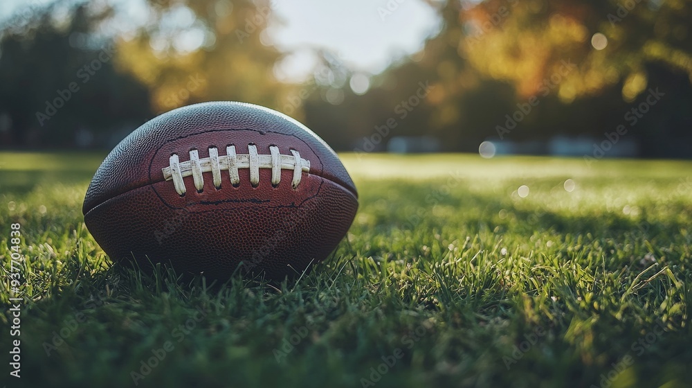 Football resting on field under bright sunlight Football resting on field under bright sunlight