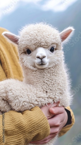 A cute baby alpaca being held by someone, very fluffy and adorable, photorealistic animal portrait for pet lovers and animal enthusiasts Generative AI