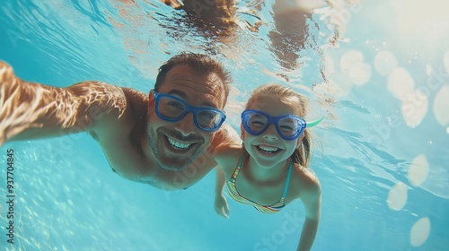 Father & daughter swimming underwater in a pool on summer vacation. Googles water action shot. Happy family on holiday. Learning to swim. Blue Father's day banner concept 