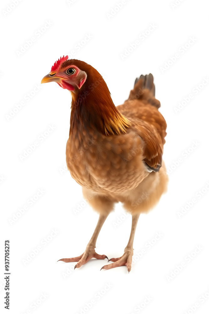 Fototapeta premium A close-up of a brown chicken with a reddish-brown comb and wattles, standing against a white background. The chicken has a plump body and detailed feathers, showcasing its natural beauty.