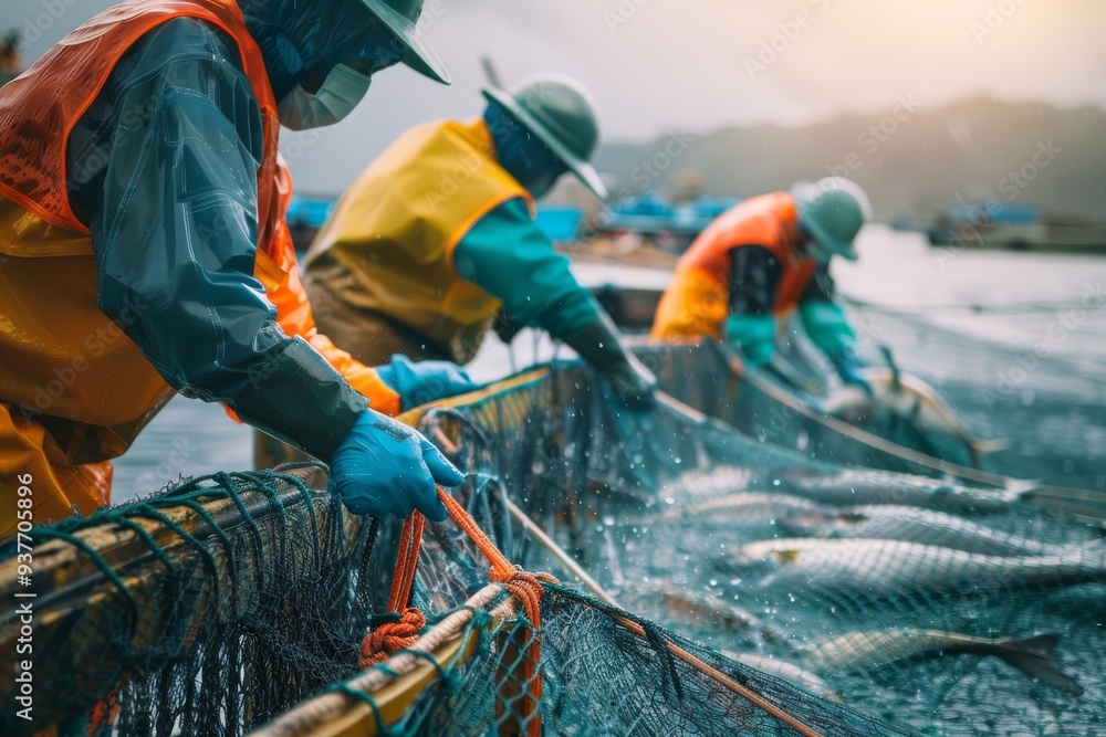 Fishermen in coordinated effort draw in a fresh catch amidst the day's fading light, showcasing the blend of skill and strength in marine work. Fishermen in coordinated effort draw in a fresh catch amidst the day's fading light, showcasing the blend of skill and strength in marine work.