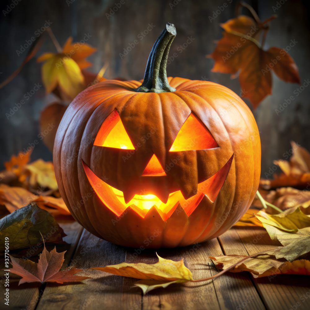 Smiling Jack-O'-Lantern with Yellow Glow in Dark Background, Halloween Mood Smiling Jack-O'-Lantern with Yellow Glow in Dark Background, Halloween Mood