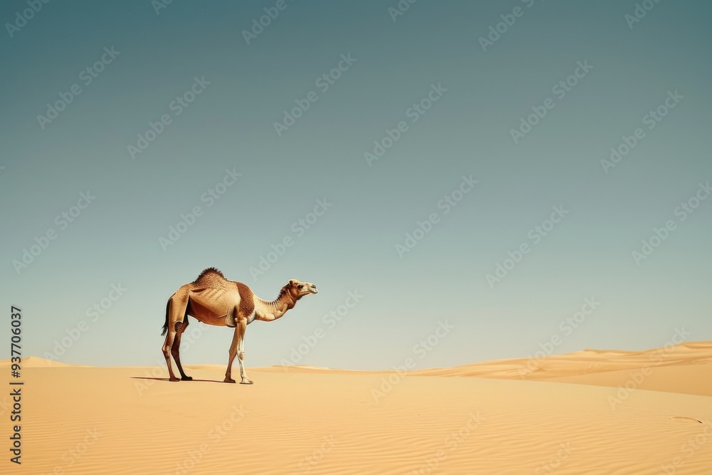 A solitary camel stands gracefully in the vast, serene desert under a clear, expansive sky, epitomizing solitude and resilience. A solitary camel stands gracefully in the vast, serene desert under a clear, expansive sky, epitomizing solitude and resilience.