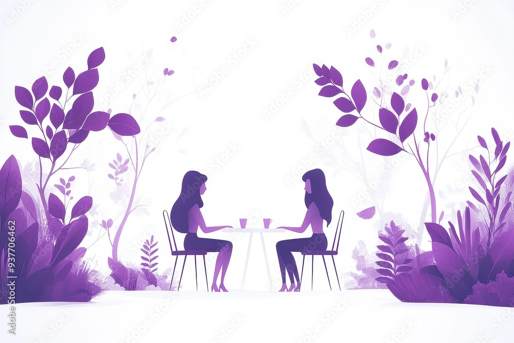 Two Women Enjoying Drinks in a Purple Floral Setting Two Women Enjoying Drinks in a Purple Floral Setting