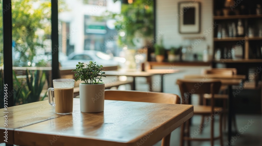 A cup of coffee and a plant on a wooden table in a cafe with a view of a city street. A cup of coffee and a plant on a wooden table in a cafe with a view of a city street.