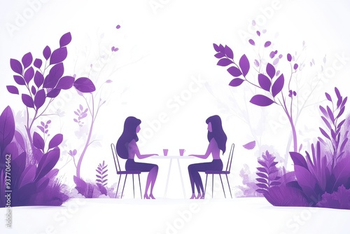 Two Women Enjoying Drinks in a Purple Floral Setting