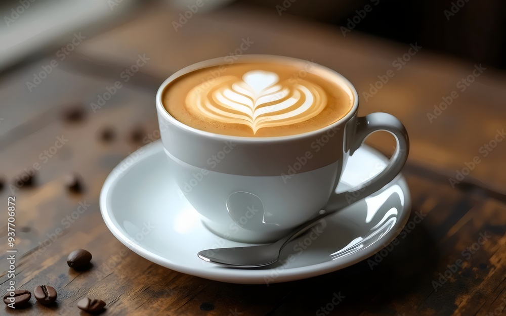 White Coffee Cup with Frothy Espresso on Rustic Table White Coffee Cup with Frothy Espresso on Rustic Table
