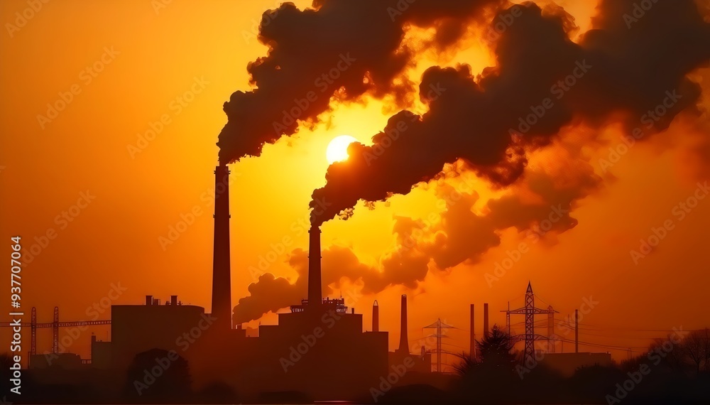 Obraz premium Silhouetted Factory Stack Emitting Smoke