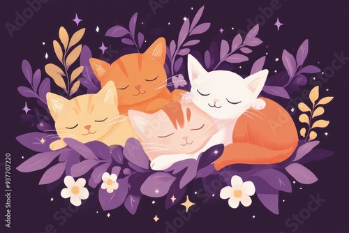 a purple background with cats and flowers photo