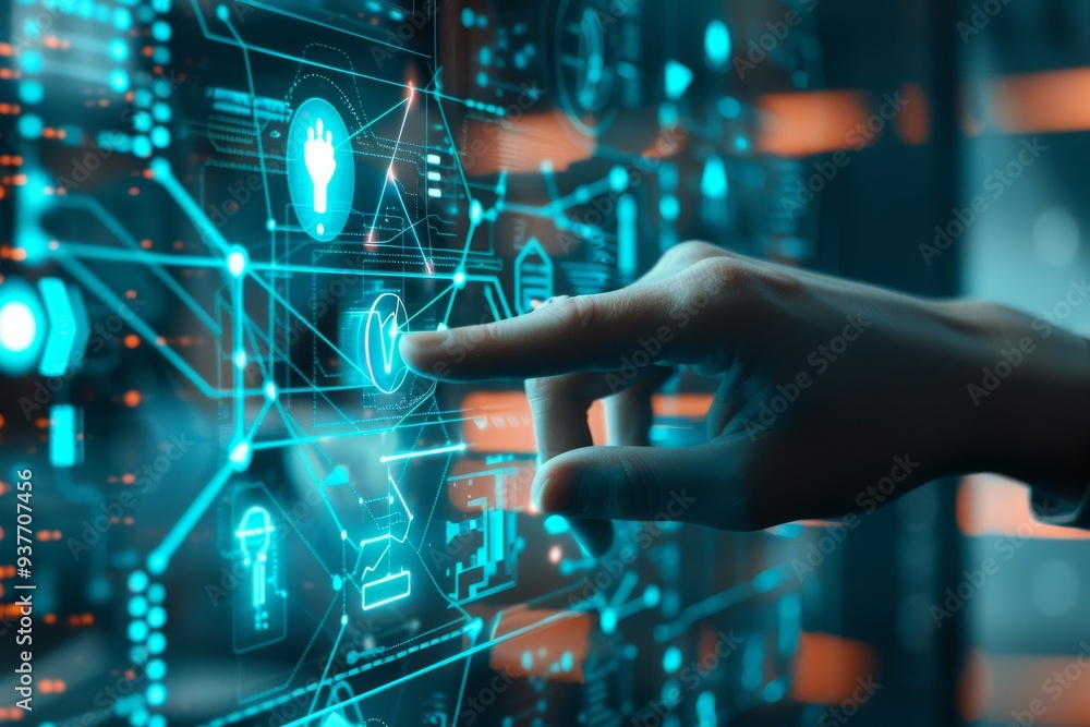A hand navigates a digital, holographic interface showing complex data and futuristic icons, symbolizing advanced technology. A hand navigates a digital, holographic interface showing complex data and futuristic icons, symbolizing advanced technology.