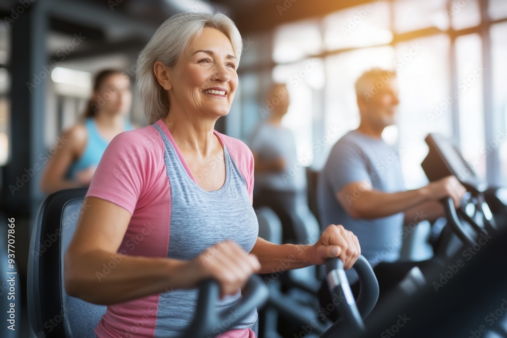 Obraz premium Elderly woman exercising on elliptical machine at gym, smiling and enjoying her workout