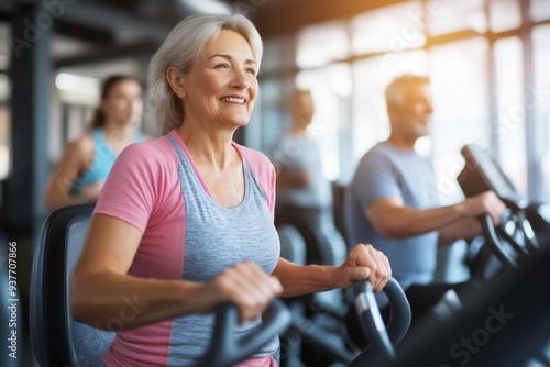 Elderly woman exercising on elliptical machine at gym, smiling and enjoying her workout