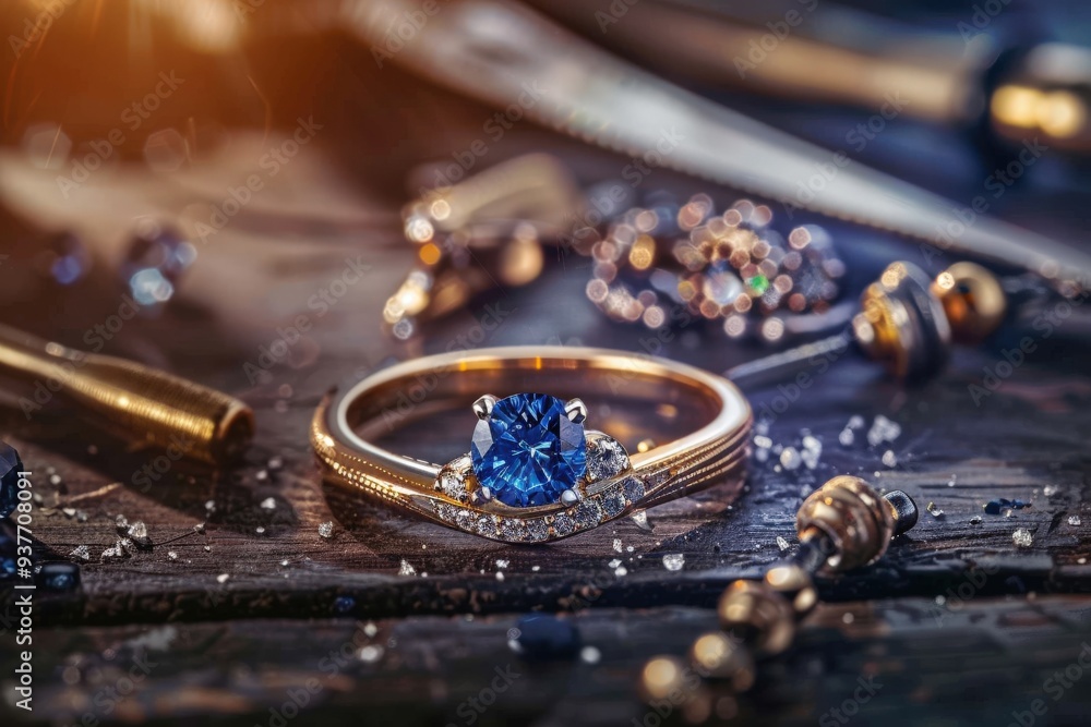 Close-up photo of a jeweler's hands carefully working on a ring with a large blue sapphire gemstone.. Beautiful simple AI generated image Close-up photo of a jeweler's hands carefully working on a ring with a large blue sapphire gemstone.. Beautiful simple AI generated image