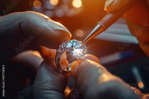 close-up photo of a skilled diamond cutter working on a raw diamond at a cutting whee. Beautiful simple AI generated image photo