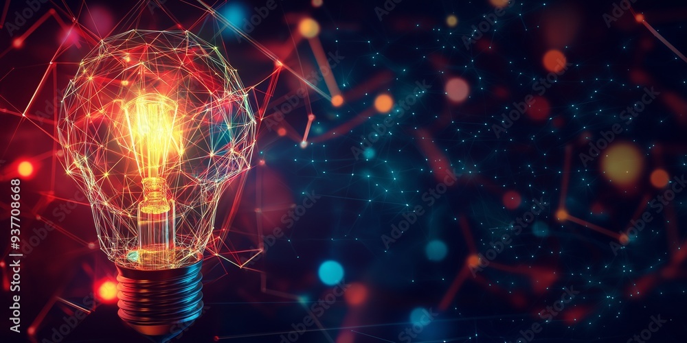 Abstract illustration of a glowing light bulb with red and blue network connections Abstract illustration of a glowing light bulb with red and blue network connections