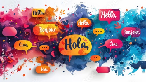 A vibrant illustration featuring a map with Europe highlighted, surrounded by speech bubbles in various languages, each bubble containing common greetings