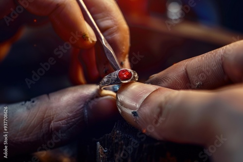 Master jeweler inserts precious stones into a piece of jewelry - a ring with sapphire and diamond in the workshop, close-up. Beautiful simple AI generated image