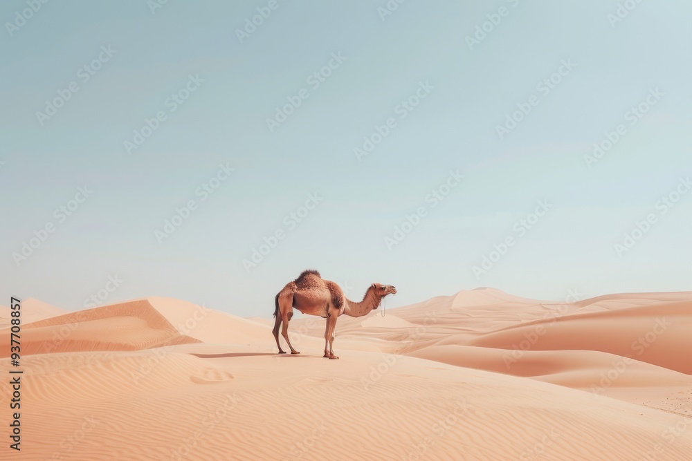 A solitary camel stands quietly amidst vast, undulating sand dunes under a pristine blue sky, evoking the harsh yet serene beauty of the desert. A solitary camel stands quietly amidst vast, undulating sand dunes under a pristine blue sky, evoking the harsh yet serene beauty of the desert.