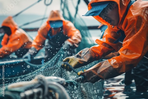 Fishermen in bright orange rain gear labor intensively, hauling in a fishing net with water splashing around. photo