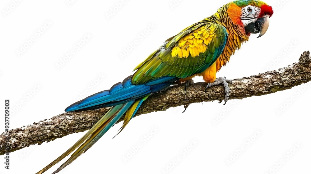 Fototapeta premium Colorful Macaw Perched on a Branch Against a White Background