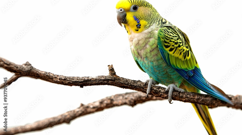 Fototapeta premium A Budgerigar Perched on a Branch with a White Background