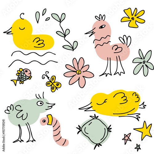 Hand drawn cute birds doodle collection. Animal cartoon vector characters set. Perfect print for tee, poster, card, sticker.