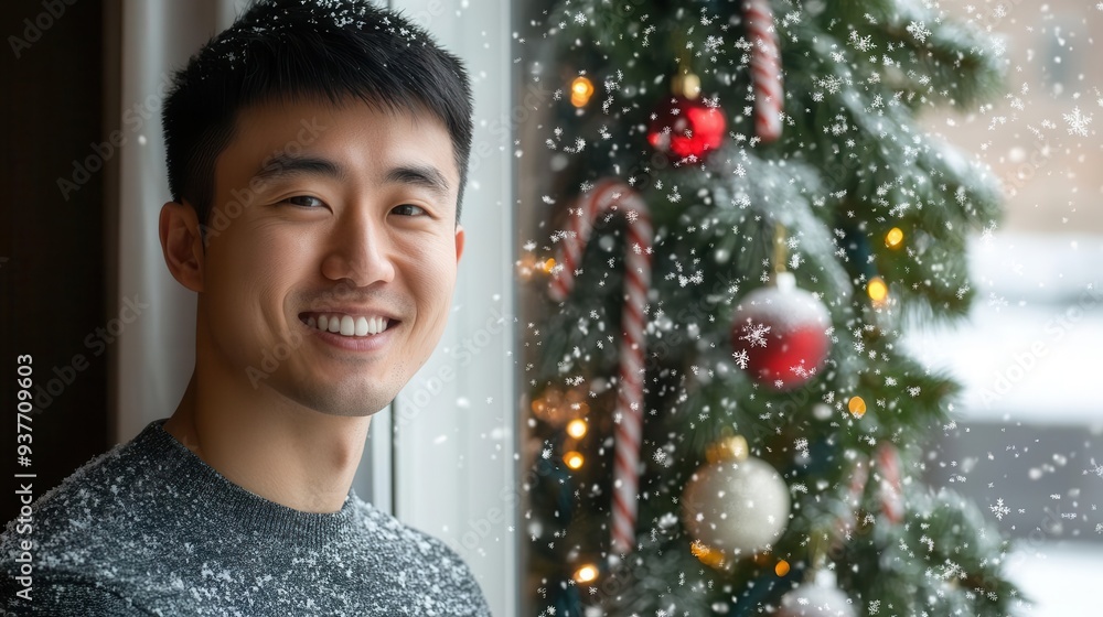 Smiling Asian man standing by a window, watching the snow fall, Christmas decorations in the background, peaceful, Christmas, happy Smiling Asian man standing by a window, watching the snow fall, Christmas decorations in the background, peaceful, Christmas, happy