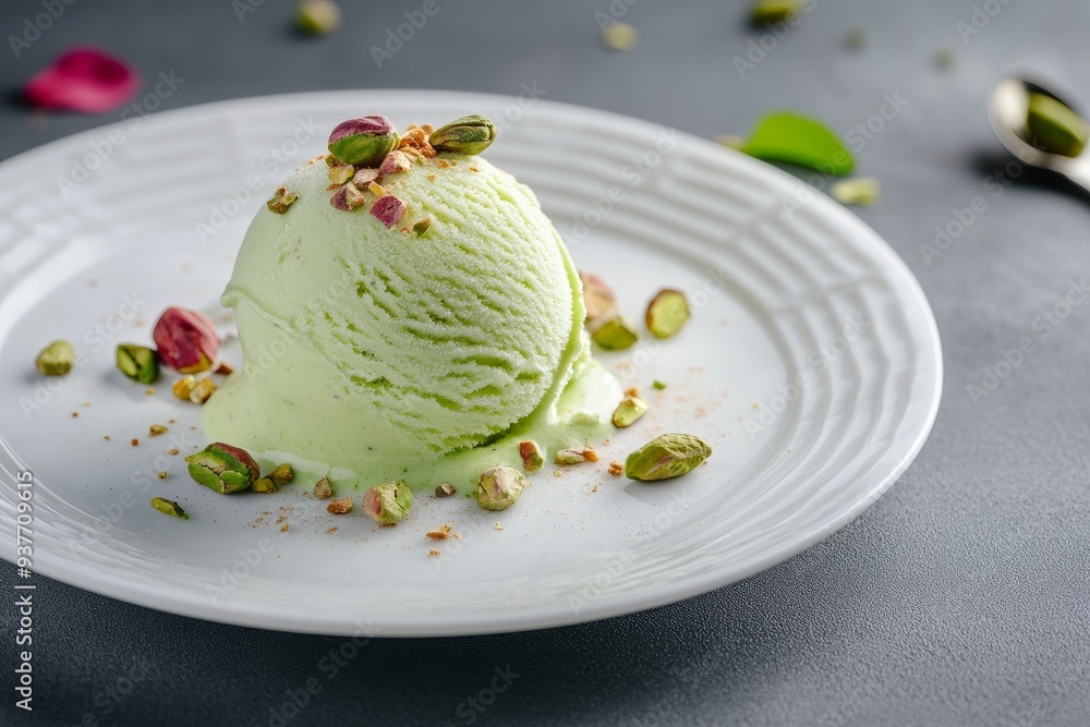 Plate with a scoop of pistachio ice cream topped with ground nuts and garnished with leaves Plate with a scoop of pistachio ice cream topped with ground nuts and garnished with leaves