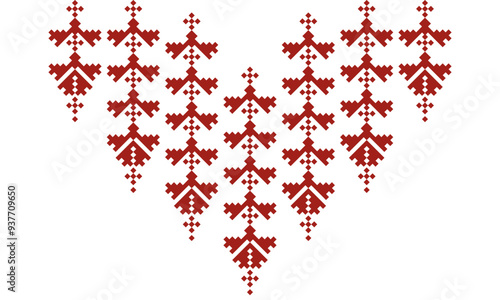 a detailed pattern composed of pixel designs with red square,red flowers on transparent background , design for collar.