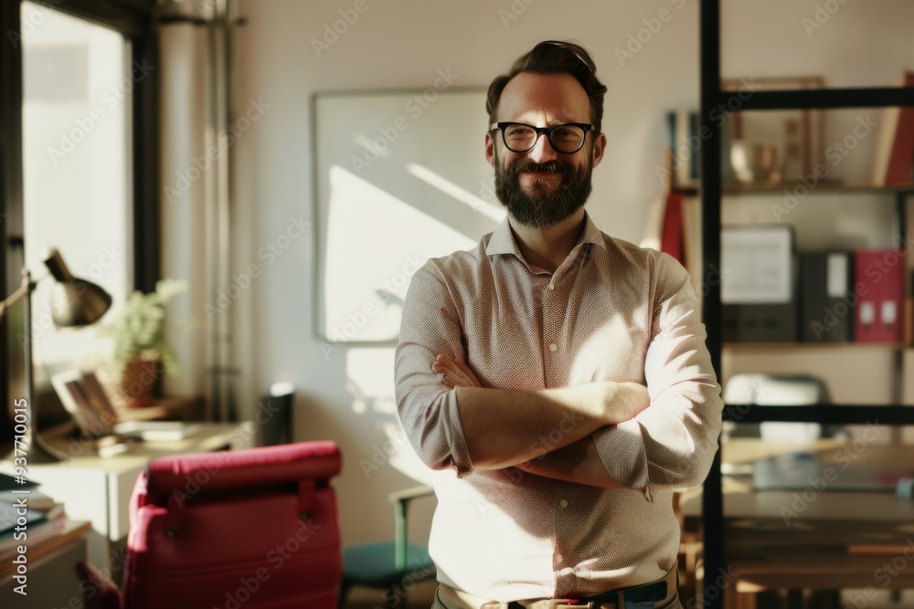 A bearded man in glasses stands confidently in a well-lit, stylish office space, embodying professionalism and modern work culture. A bearded man in glasses stands confidently in a well-lit, stylish office space, embodying professionalism and modern work culture.