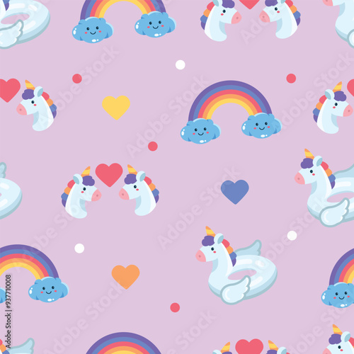 Cute adorable unicorn swim ring and colorful rainbow and clouds seamless pattern