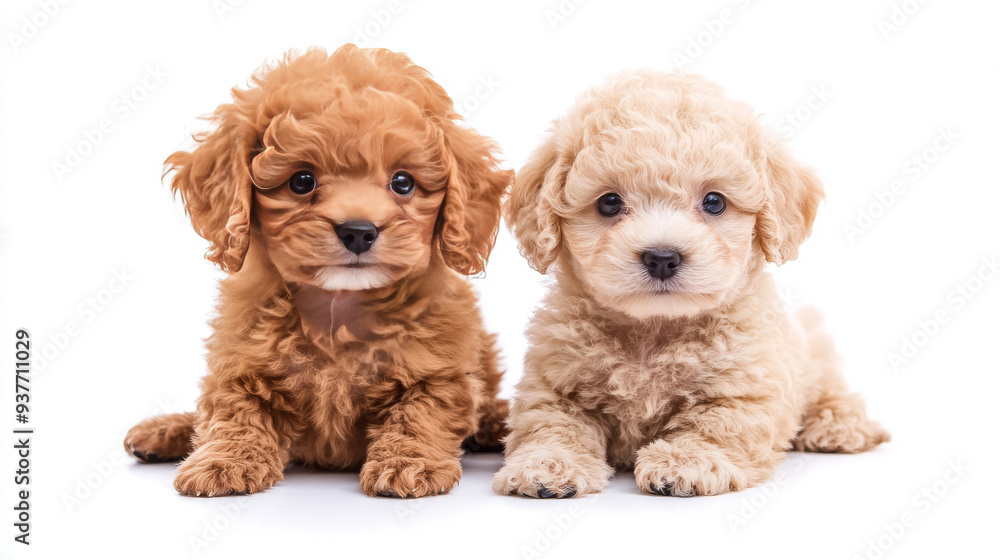 Two adorable Toy Poodle puppies posing on a white background. The scene captures the playful and sweet nature of the puppies, highlighting their curly fur and expressive eyes, perfect for a baby anima Two adorable Toy Poodle puppies posing on a white background. The scene captures the playful and sweet nature of the puppies, highlighting their curly fur and expressive eyes, perfect for a baby anima