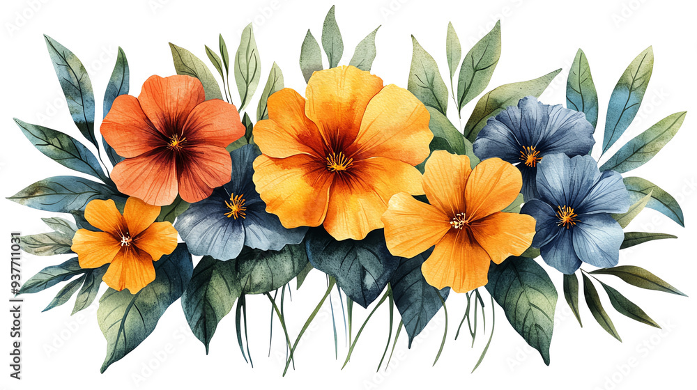 Fototapeta premium Vibrant floral arrangement featuring colorful blooms and lush green leaves, perfect for nature-themed designs and prints.