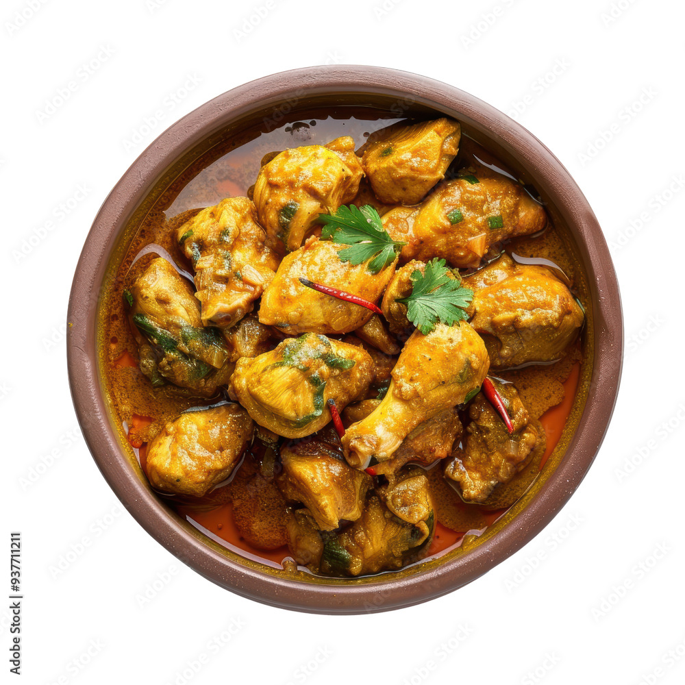 Delicious Spicy Chicken Curry in a Brown Ceramic Bowl with Cilantro Garnish Delicious Spicy Chicken Curry in a Brown Ceramic Bowl with Cilantro Garnish