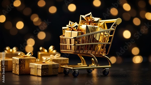 golden shopping cart with many gift boxes on dark background with glittered bokeh.