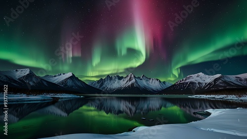 Green and pink northern lights above snowy mountains, winter landscape, aurora and reflection on the water surface. photo