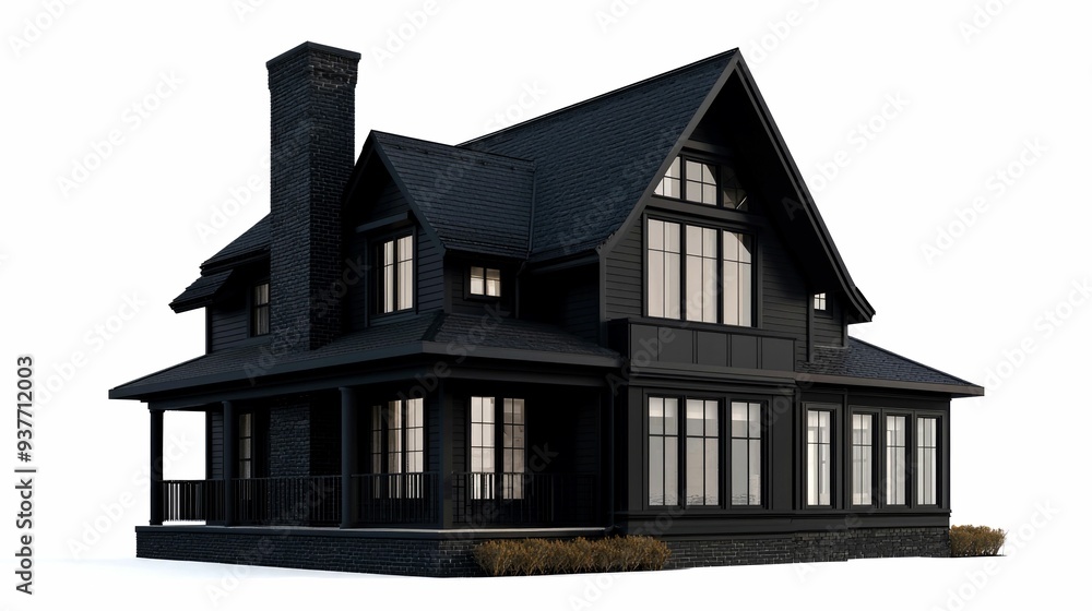All-Black Modern Home with Gabled Roof and Brick Chimney All-Black Modern Home with Gabled Roof and Brick Chimney