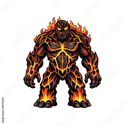 A massive creature made of molten rock and flowing lava with glowing eyes.