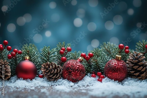 Christmas - Banner Of Red Ornament, Pine-cones And Branches On Snowy Wooden Table With Blue Bokeh Background