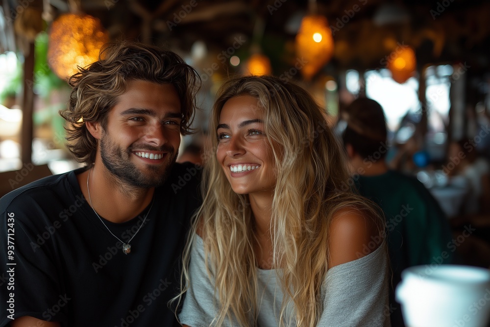 Smiling couple sitting together in a cozy indoor setting Smiling couple sitting together in a cozy indoor setting