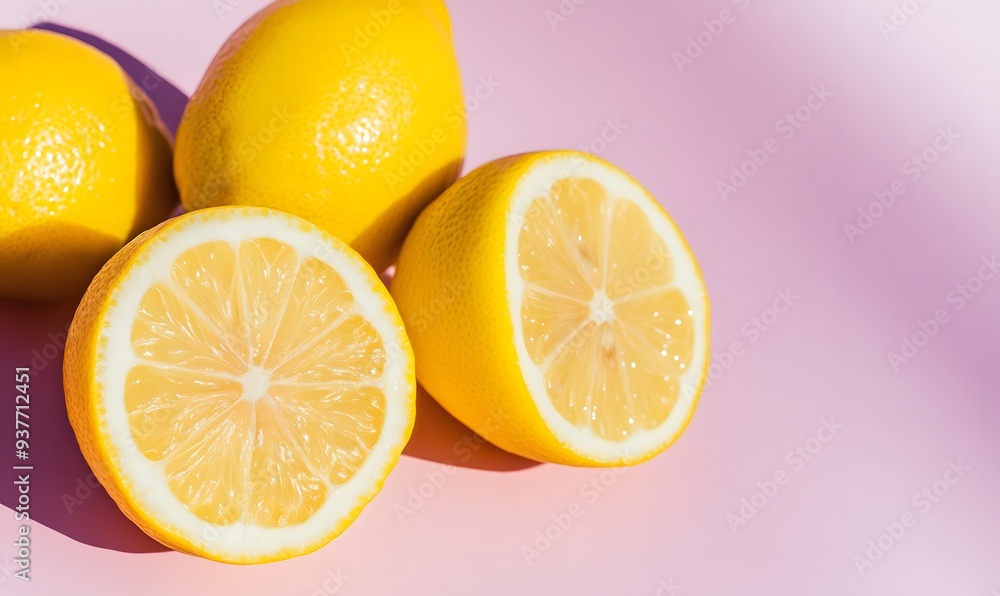 A close-up of lemons against a light purple backdrop, Generative AI A close-up of lemons against a light purple backdrop, Generative AI