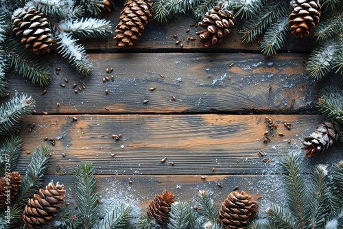 Christmas and New Year background with fir branches and snowfall on wooden white board