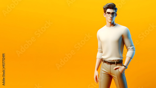 3D animated man with a friendly smile wearing a casual shirt solid orange background