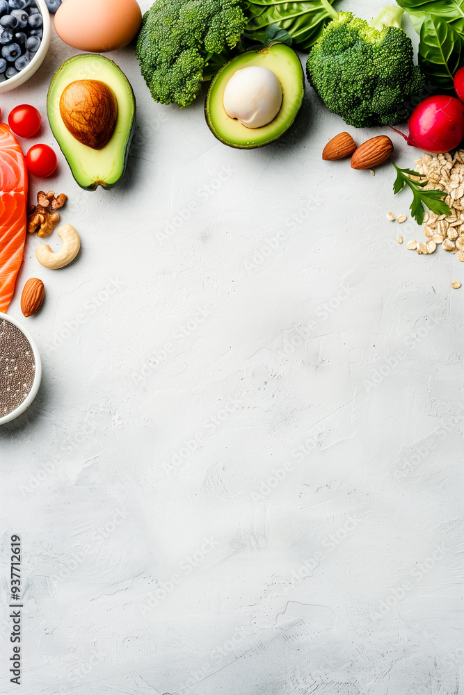 A white background with a variety of fruits and vegetables, including broccoli A white background with a variety of fruits and vegetables, including broccoli