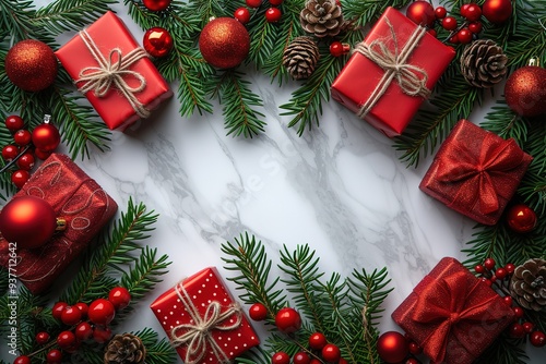 Christmas and New Year holiday background Xmas greeting card Christmas gifts on white marble background top view Flat lay