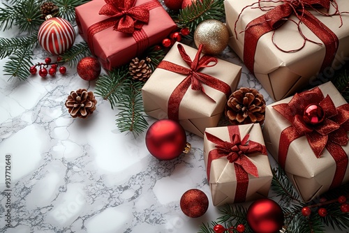Christmas and New Year holiday background Xmas greeting card Christmas gifts on white marble background top view Flat lay