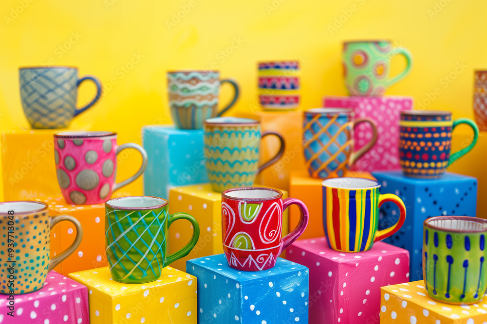Colorful, hand-painted ceramic mugs stacked on bright boxes. Yellow background with copy space. Beautiful artisanal kitchen stoneware. Colorful, hand-painted ceramic mugs stacked on bright boxes. Yellow background with copy space. Beautiful artisanal kitchen stoneware.