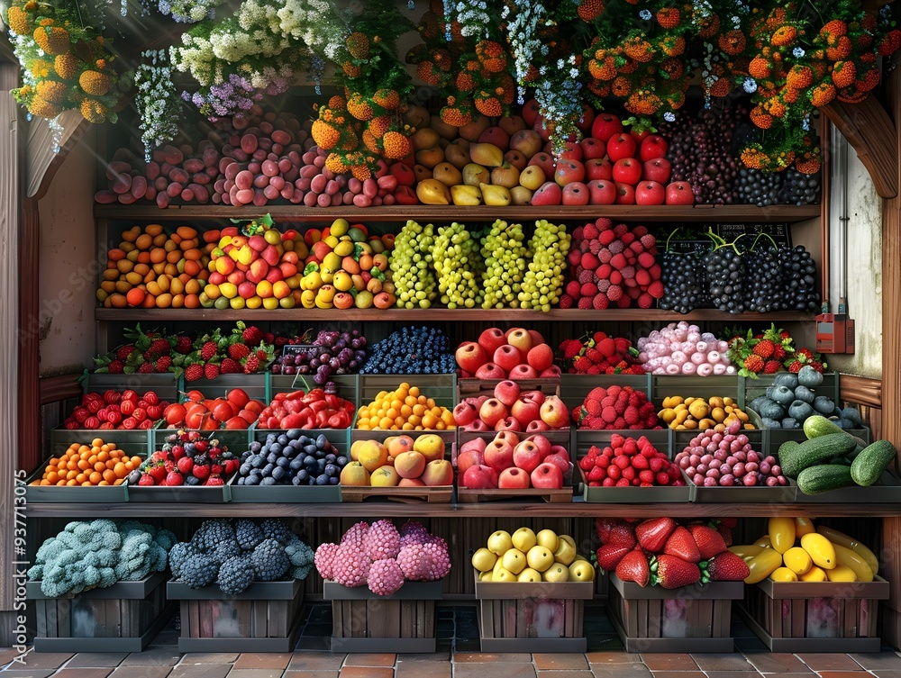 Vibrant Fruit and Vegetable Market Stall Showcasing a Colorful Array of Fresh Produce Vibrant Fruit and Vegetable Market Stall Showcasing a Colorful Array of Fresh Produce